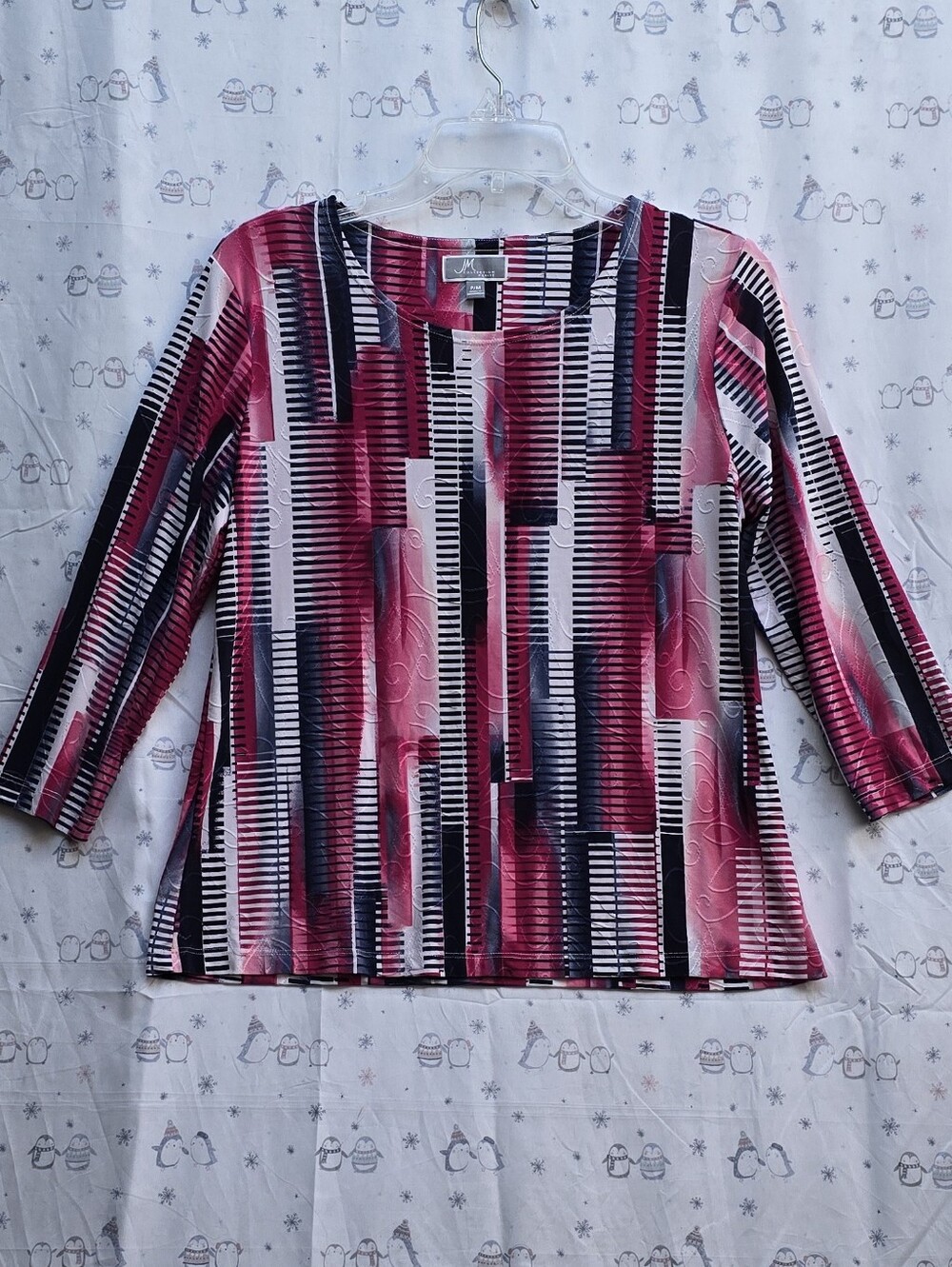 JM Collection Petite Pink, Black & White Striped 3/4 Sleeve Tee. P/M